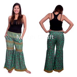 Indian <b>Vintage</b> Silk Sari Palazzo - Wholesale Ladies Bohemian Silk Palazzo <b>Trousers</b> - Wide Leg Frilled <b>Trouser</b> Palazzo - Product Image 3