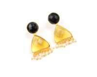 Ensemble de boucles d'oreilles en argent sterling avec onyx noir et quartz citrine, perles d'eau douce, plaqué or, fait main, cadeau pour elle