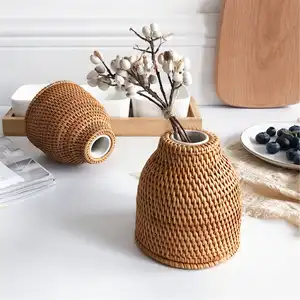 Vaso de flores de rattan, suporte de plantas de cerâmica com vaso de rattan, cesta de flores de tecido natural,