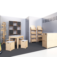 Stand d'exposition modulaire Esposit, personnalisable, en bois, incurvé, rectangulaire, carré, pour salon professionnel, modèle SHE-049-001
