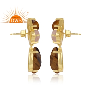 925 Sterling Silver Natural <b>Tiger</b> <b>Eye</b> Yellow and Rose Chalcedony Gemstone Dangle Earring <b>Jewelry</b> Manufacturer - Product Image 3