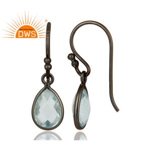 Conjunto de bisel de piedras preciosas de Topacio Azul, Pendientes colgantes al por mayor, rodio negro, proveedor de joyas de plata de ley 925 - Product Image 3