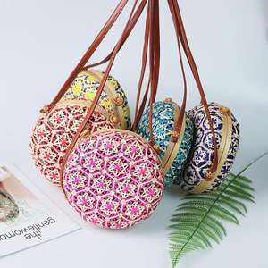 Nuevo artículo, bandolera redonda azul hecha a mano, bolso con asa de bambú para mujer, bolsos con asa de bambú - Product Image 2