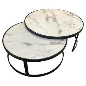 Modern Luxury <b>White</b> Marble Coffee Accent <b>Table</b> <b>Round</b> New Living Room Set With Iron Black Adjustable Wooden Material - Product Image 2