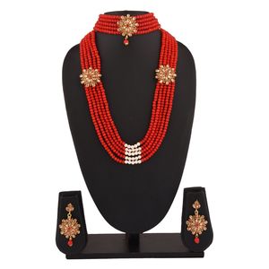 Faak — collier style indien en perles, imitation cristal, collier ras du cou à multicouches, pour la mariée, rouge, vente en gros - Product Image 3