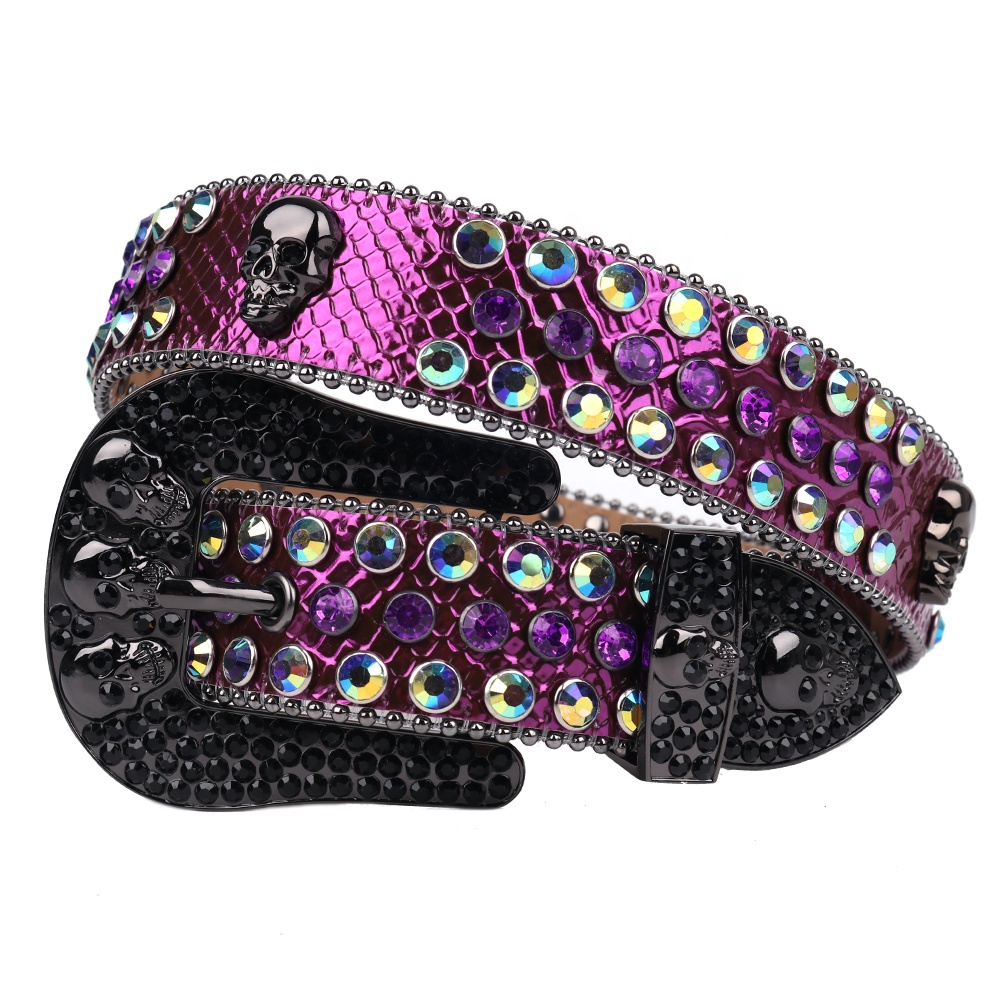 Ремень с черепом серия Западный Роскошный Фиолетовый Блестящий Пояс со стразами цветной стразами под заказ