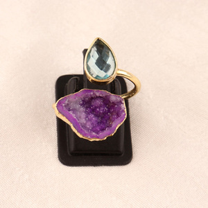<b>Hot</b> Selling Faceted Cut Sky Blue Quartz & Purple Geode Druzy Rings Gold/silver Plated Open Finger Double <b>Stone</b> Adjustable Rings - Product Image 5