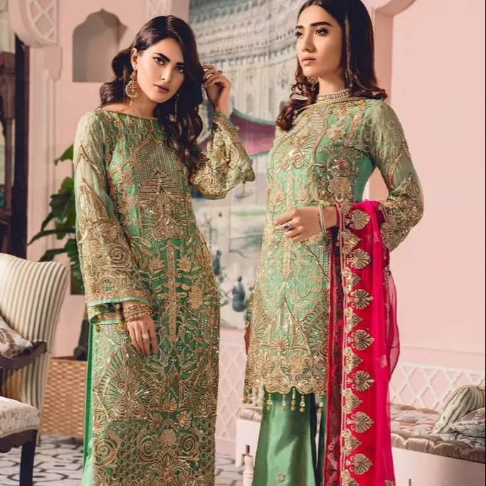 Hoge Kwaliteit Groothandel Vrouwen Aangepaste Indiase Pakistaanse Driedelig Pak Met Gestikt Geborduurde Dupatta Party Wear Suits