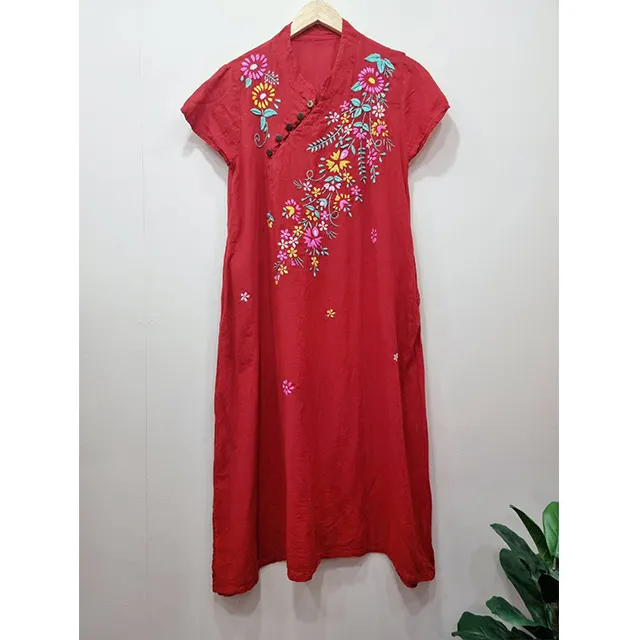 100% Salu pamuk el işlemeli yapay ipek uzun elbise Mandarin yaka moda üst kadın kıyafetleri zarif tayland