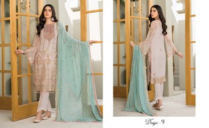 Haute qualité brodé en mousseline de soie Salwar Kameez costumes femmes inde Pakistan ethnique hiver fête porter dames exportation qualité tissu - Product Image 2