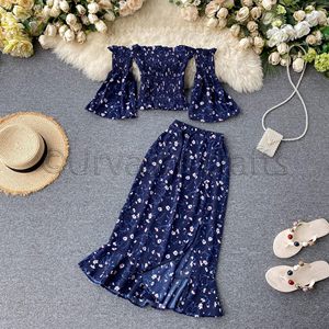 Sundress เดรสทรงครอปเปิดไหล่ของผู้หญิง,เดรสสั้นผ่าข้างเอวยืดได้พิมพ์ลายดอกไม้สองชิ้น - Product Image 2