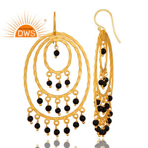 Boucles d'oreilles chandelier martelé onyx noir en argent sterling plaqué or jaune 22 carats Collection classique de bijoux en pierres précieuses - Product Image 2