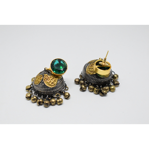 Pendientes de Aro para niña y mujer, aretes de latón con acabado mate dorado tradicional, piedra dualtona, ghungro jhumka - Product Image 2