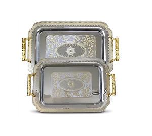 Bandeja de servicio de acero inoxidable hecha a mano con asas doradas, bandejas de buena calidad, producto nuevo - Product Image 5