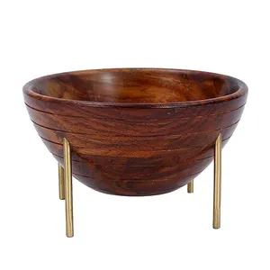 Cuenco decorativo de madera de Acacia con soporte de metal para boda y Decoración de mesa, forma redonda, calidad de lujo