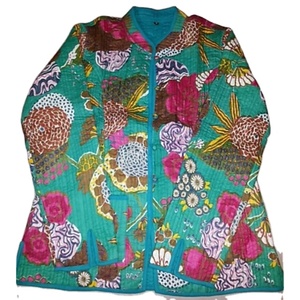 Short Indian Hand Block Printed Cotton Jacket Winter <b>Coat</b> Bomber Style Floral Hand <b>Stitch</b> Kantha Quilt Beach Wear Party Floral - Product Image 1