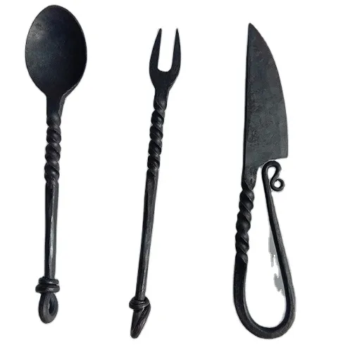 Juego de plumas medievales, 3 piezas, cuchillo, tenedor, cuchara, juego de cubiertos medievales forjado