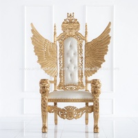 Superbe Chaise Trône Roi Lion de Qualité Supérieure avec Ailes, en Bois Massif d'Acajou Doré, Style Antique Français, pour Hôtels, Salons et Appartements
