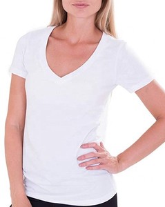 Camiseta de manga corta de alta calidad para mujer, Camiseta 100% de algodón con cuello de pico en blanco - Product Image 3
