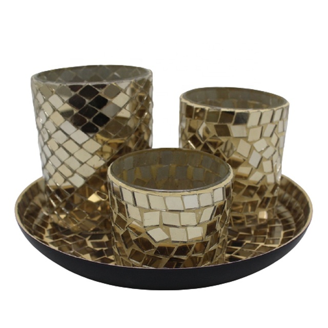 Handmade Iron 3 Votive Candle Jar with Gold Mirror Mosaic round Decorative Black Plate Christmas Home Decoration Centerpiece