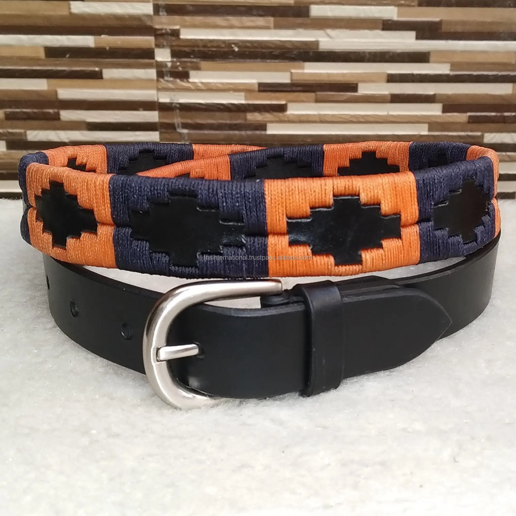 Best Quality - Polo Belt - 35 mm wide - Orange and Navy Blue Wax Thread - Hand crafted