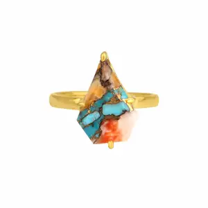 High Quality Mohave Spiny Oyster Copper Turquoise Prong Set 18k Gold Plated Solid Sterling Silver Uneven Chunky Ring For Women