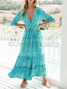 Vestido largo bohemio de verano con estampado Floral, turquesa, manga larga, cuello en V - Product Image 4