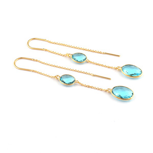 Boucles d'oreilles à facettes ovales à Quartz bleu suisse, Style fil aiguille plaqué or, ensemble de lunette, boucles d'oreilles à chaîne fine - Product Image 3