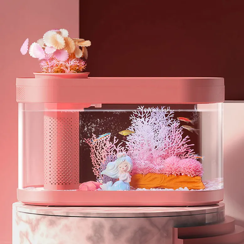 Roze Kleine Vis Tank Amfibische Ovale Thee Tafel Verlichting Woonkamer Tafel Top Aquarium