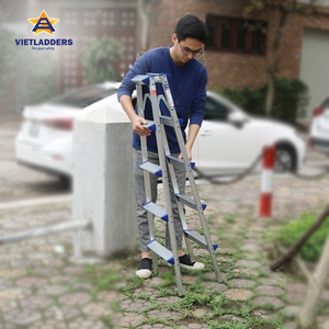 Double Sided 5 <b>Step</b> Aluminum Folding Ladders 150kg Load Capacity Lightweight Modern White-Blue Color Industrial Household Use - Product Image 6