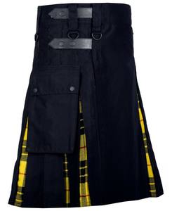 Kilt híbrido utilitario de mezclilla negra para hombre con tartán <span class=keywords><strong>MacLeod</strong></span> of Lewis |   Ropa Tradicional de las Tierras Altas Escocesas |   OEM ODM Venta al por Mayor - Product Image 1