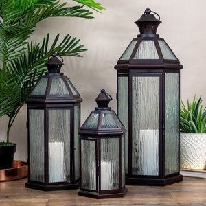 Juego de 3 linternas de vela de Pilar marrón con vidrio de Lava texturizado, modernas y Chic, hechas a mano, novedad - Product Image 3