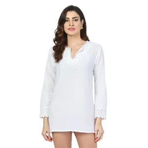 Beautiful White Beaded Beach wear 100% cotton soft cotton top for ladies manufacturer and supplier from india