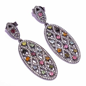 Pendientes colgantes de plata oxidada para mujer |   Joyería Étnica y Festiva Tradicional con Incrustaciones de Piedras - Product Image 3