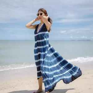 Precio al por mayor nuevas mujeres azul Tie Dye Maxi vestido Casual verano estilo Sexy espalda descubierta hasta el suelo con toque dulce - Product Image 2
