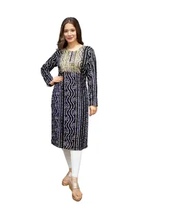 Heavy Designer Embroidery Work Fancy Rayon Bandhani Design Long Kurtis with Side Cut Pakistani Style Long Sleeve Kurtis Dresses