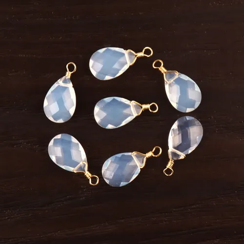 High grade pear shape gemstone charms, checker cut opalite single bail connectors, gold/silver plated wire wrap connector charms
