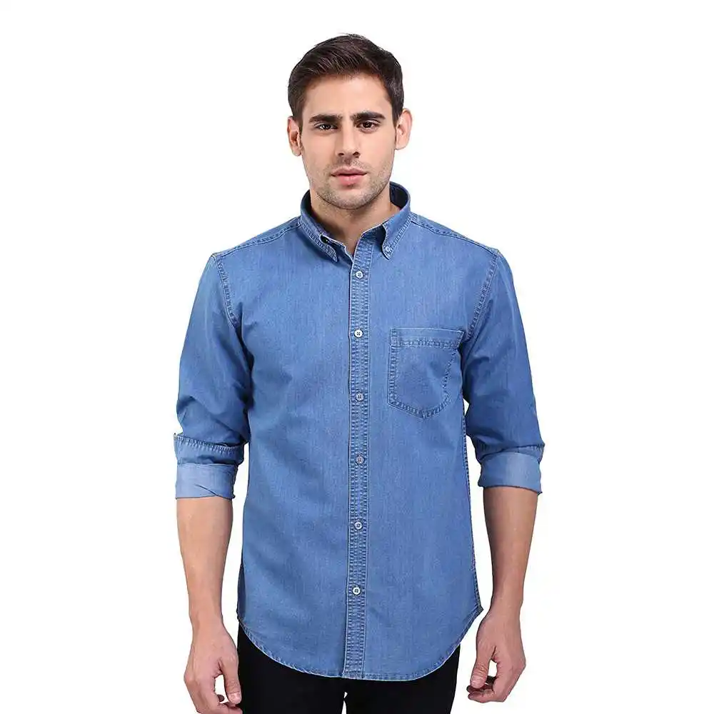 Người Đàn Ông Xu Hướng Thời Trang Rửa Sạch Denim Áo Sơ Mi Lần Lượt Xuống Cổ Áo Sơ Mi Denim Phong Cách Giản Dị Màu Xanh Màu Sắc Người Đàn Ông Của Áo Sơ Mi