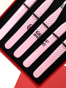 Pince à épiler antistatique en acier inoxydable courbé à pointe dentelée, revêtement poudre rose clair, 90 et 45 degrés, vente en gros - Product Image 5