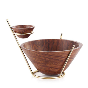 Juego de cuencos de madera de diseñador con soporte de metal, vajilla moderna para aperitivos, frutas secas, Decoración de mesa elegante y opción de regalo - Product Image 1