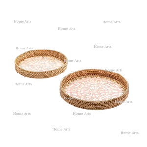 Bandeja de servir de ratán con incrustaciones de nácar, de la más alta calidad, redonda, para servir té y café en India. - Product Image 2