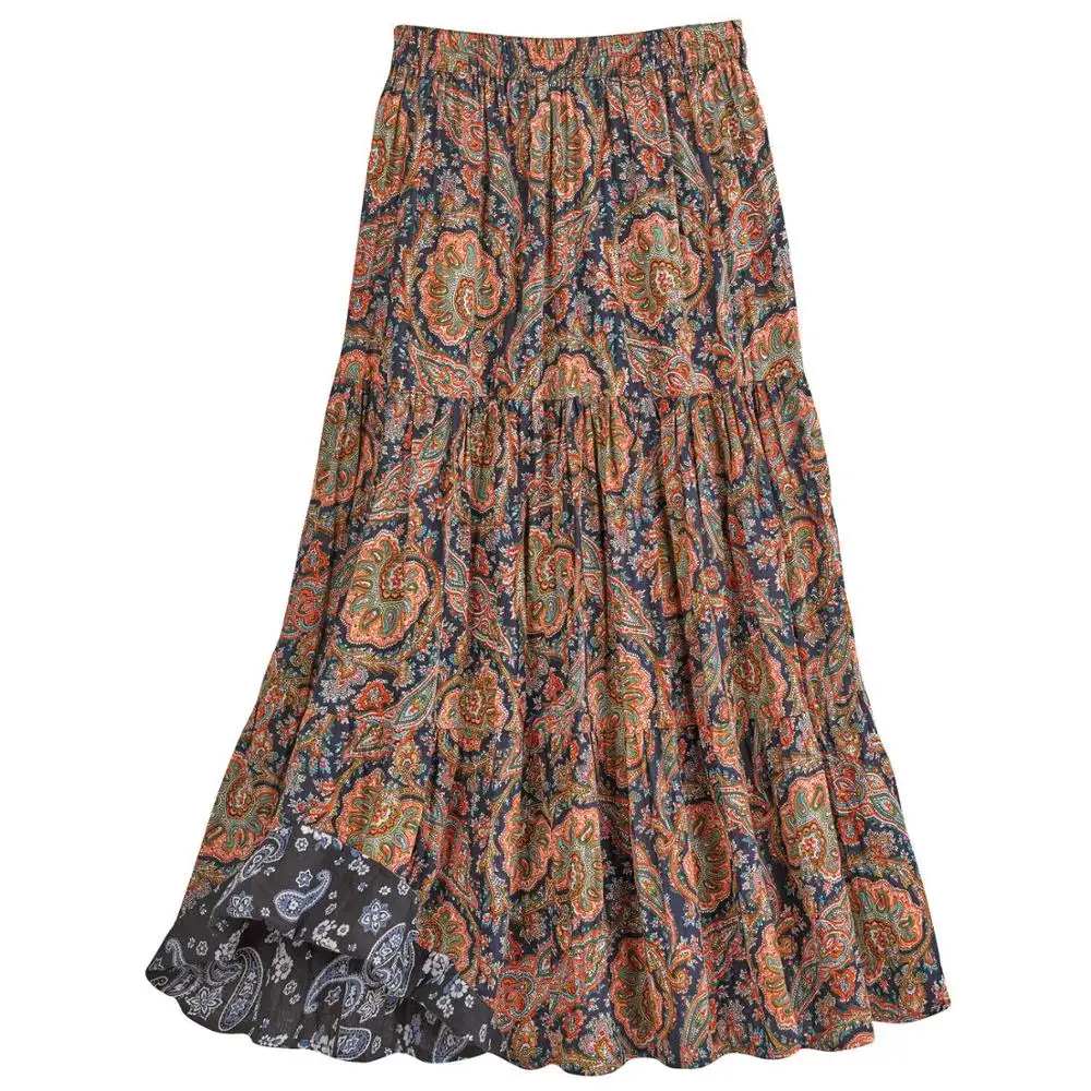 Vintage paisley print in bright jewel tones on a black background skirts