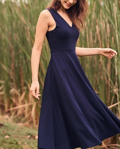 Vestido de Lino para Mujer, Sexy, Atractivo, con un Diseño Distintivo, Color Azul Algodón, Cuello en V, Largo hasta la Rodilla, Sin Mangas, Formal, Transpirable - Product Image 4