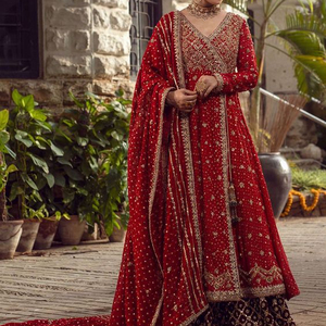 Trendy Stylus <b>Red</b> Anarkali Lehenga Dress with Elegant Dupatta Embroidered Zardozi Work Made of <b>Silk</b> for Weddings - Product Image 1