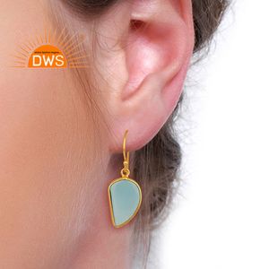 Pendiente de piedras preciosas de Calcedonia azul, joyería hecha a mano, pendiente chapado en oro y plata 925, venta al por mayor - Product Image 4