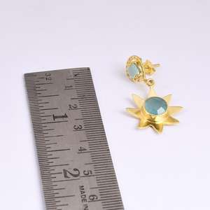 2021 925 Sterling <b>silver</b> bezel setting chalcedony topaz gemstone gold plated stud <b>dangle</b> <b>earrings</b> wholesale jewelry - Product Image 3