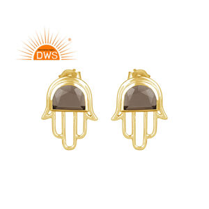 ต่างหูพลอยควอตซ์สโมคกี้ ชุบทอง เงินแท้ 925 รูปมือฮัมซา ต่างหูแบบติดหู ผู้จำหน่ายเครื่องประดับ คอลเลคชั่นคลาสสิก - Product Image 1