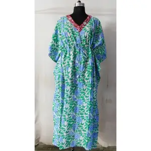 Pakaian Pesta Pantai Katun Hippie Bunga Warna-warni Musim Panas Kasual Buatan Tangan Bunga Jaipuri Seventwear Blok Tangan Kaftan Dicetak Malam