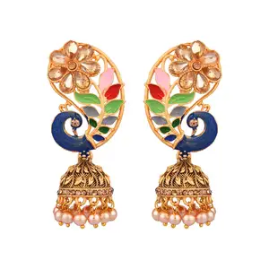 Hint geleneksel mücevher üreticileri kristal Peacock Dangle Jhumka Jhumki emaye küpe kadınlar takı için