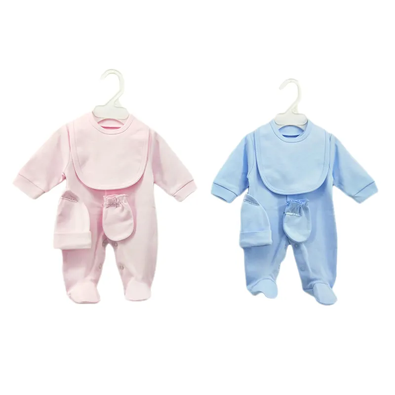 190g/M2 Plain Color 100% Cotton Unisex Baby Clothes Set Newborn Baby Gift Sets include romper, bib, mittens and hat